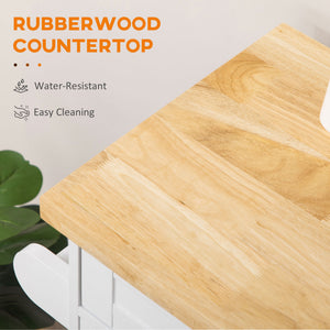 Kitchen Island with Storage, Rolling Cart Trolley with Rubberwood Top, Adjustable Shelf, Drawer, Spice Rack, White