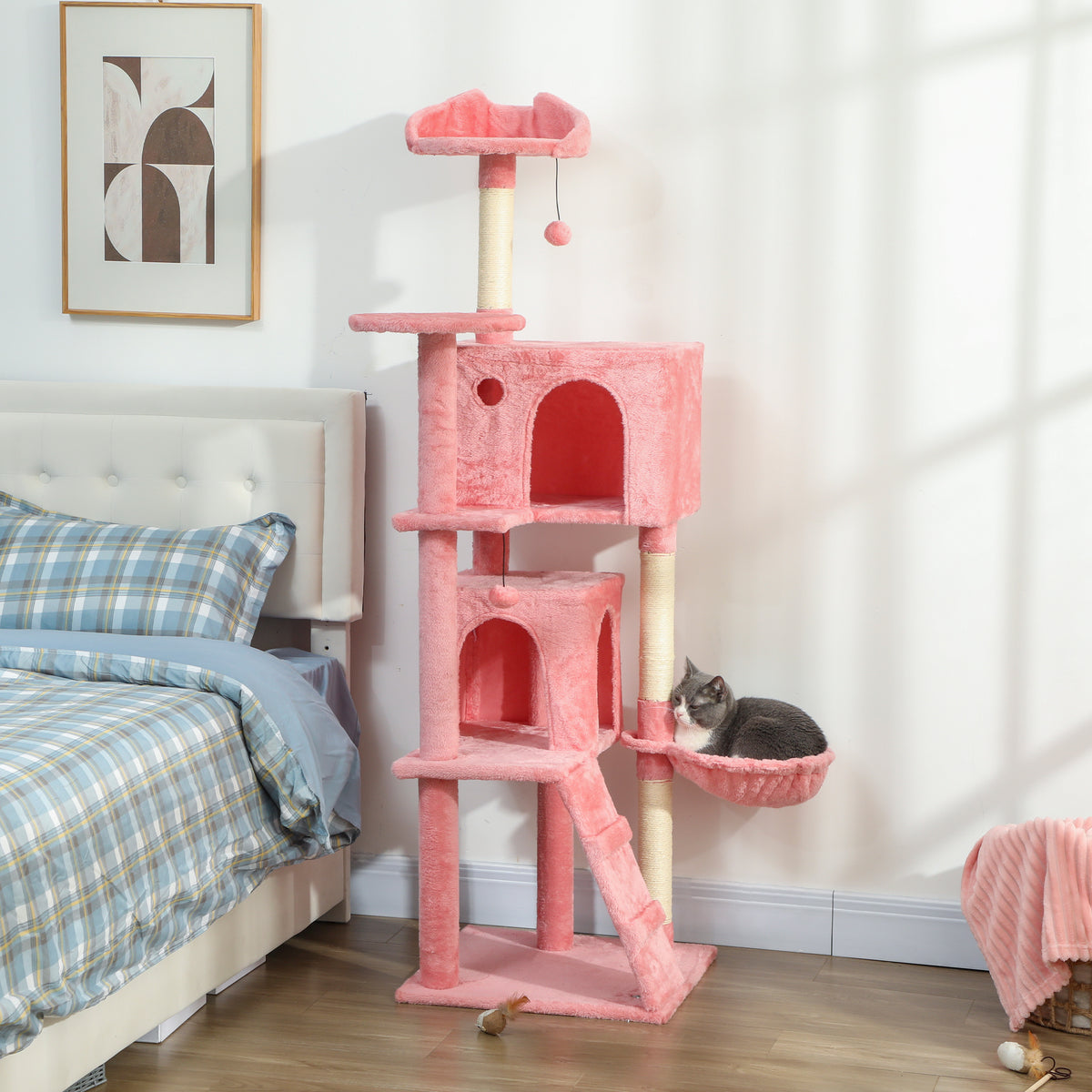 63 Inch Cat Tree with Sisal Scratching Posts, Condos, Plush Perches, Hammock, Ladder, Dangling Balls, Beige – view 35