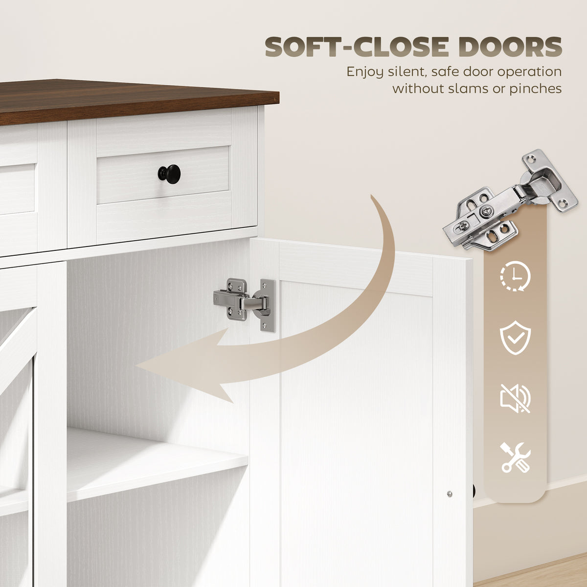 Sideboard Buffet Cabinet, 54" Farmhouse Kitchen Storage Cabinet with Acrylic Barn Doors and 3 Drawers, White Wood Grain