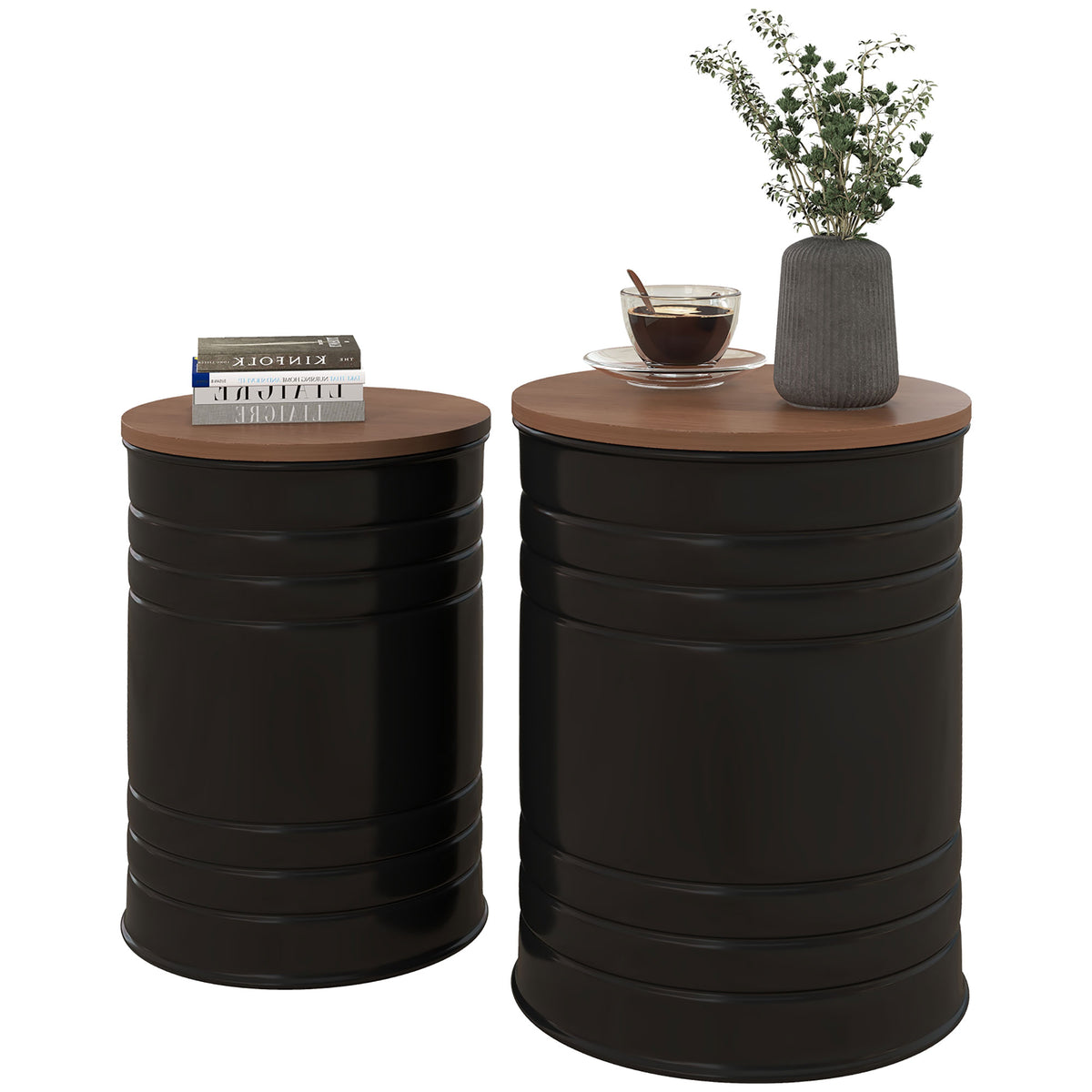 Round Side Table Set of 2, Nesting Coffee Tables w/ Wooden Lid