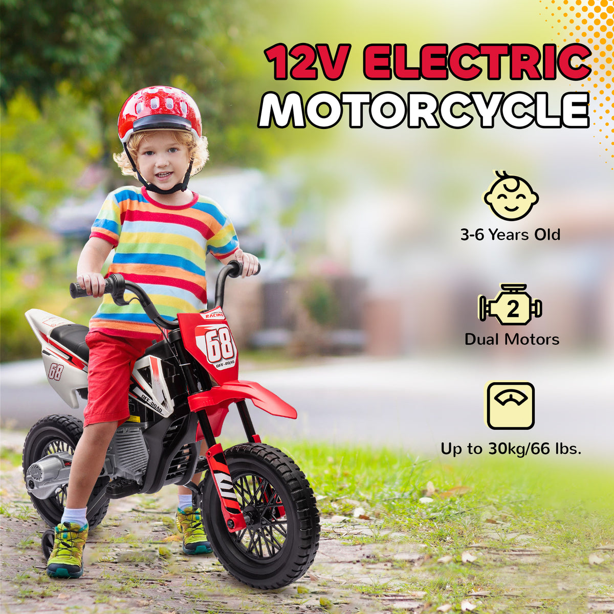 Qaba 12V Kids Dirt Bike, Electric Motorcycle with Twist Grip Throttle, Training Wheels, Rear Suspension & Music