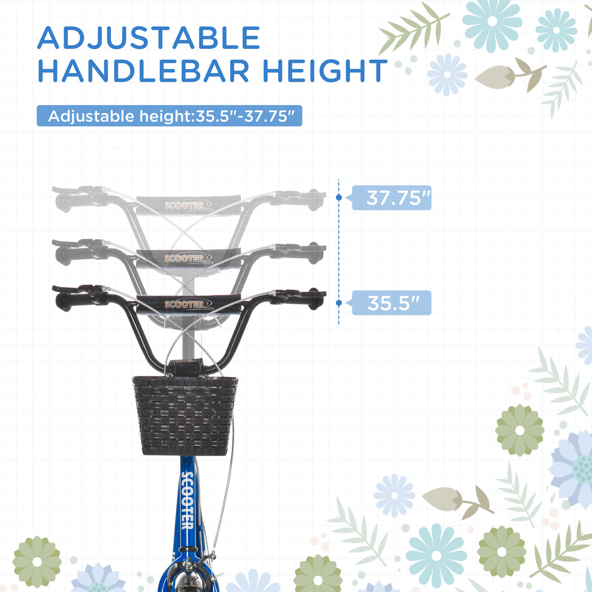 Aosom Kick Scooter with Adjustable Handlebar, Kids Scooter with 2 Brakes Basket Cupholder 16" Inflatable Rubber Tyres