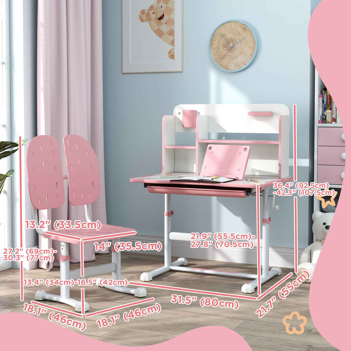 Qaba Adjustable Height Kids Desk and Chair Set, Kids Study Table and Chair with Tilt Desktop, Drawer, Reading Rack, Pink