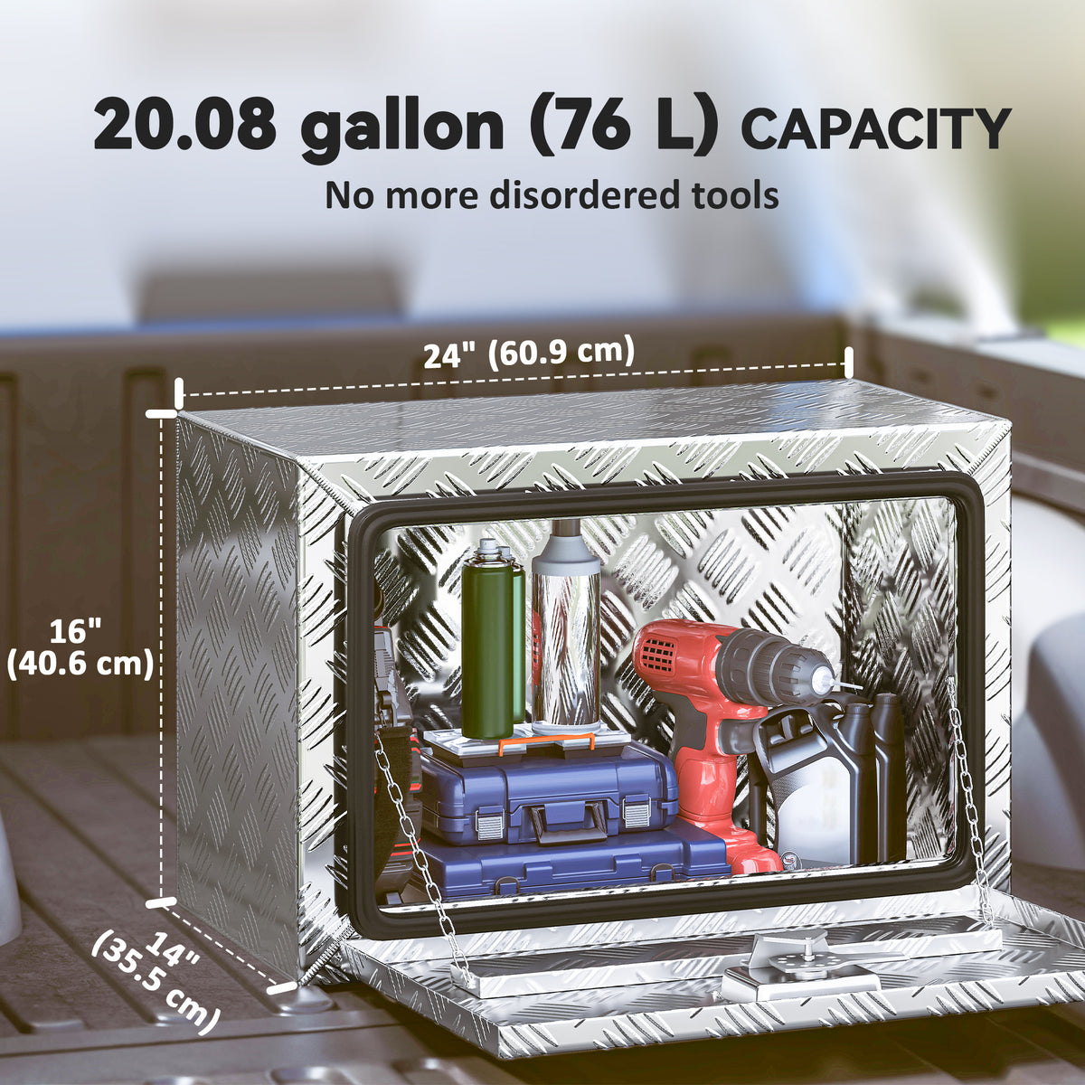 24 Inch Underbody Truck Tool Box, Heavy Duty Aluminum Tool Box, Storage Toolbox Chest Organizer with Lock and Keys