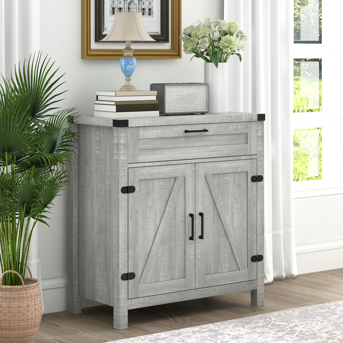 Farmhouse Kitchen Storage Cabinet, Sideboard Buffet Cabinet with 2 Rustic Barn Doors and Drawer, Oak