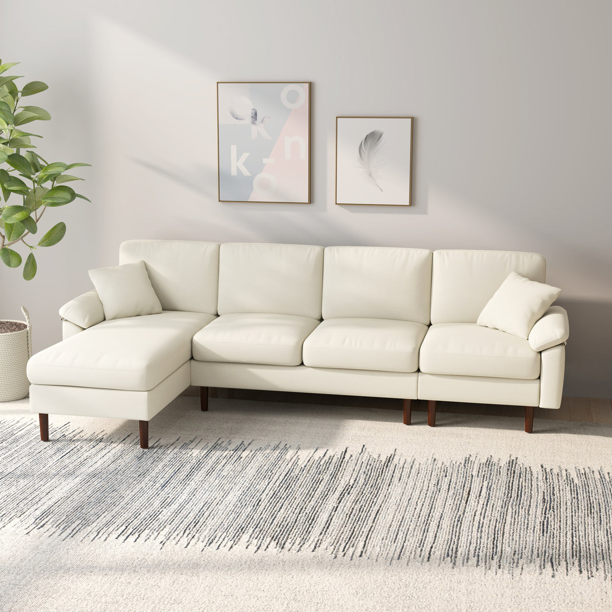 L-Shape Sofa, Modern Sectional Couch with Changeable Chaise Lounge, Pillows and Wooden Legs for Living Room, Cream White