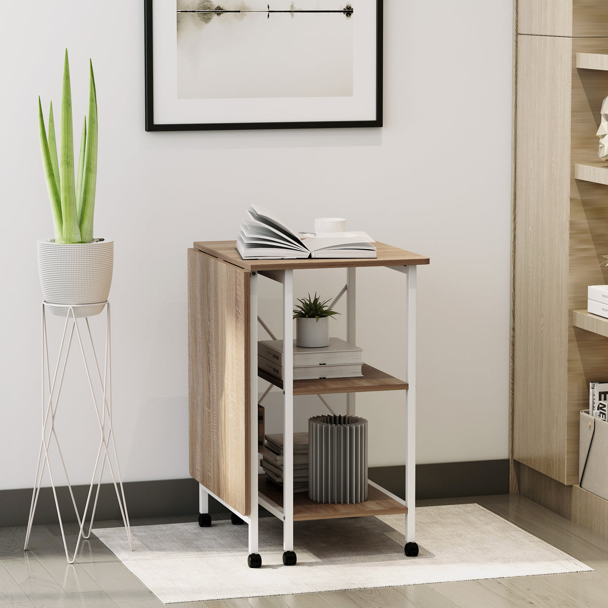 Folding Computer Desk with Storage Shelves, Study Writing Table Laptop Desk with 6 Wheels for Bedroom Home Office Workstation, Natural