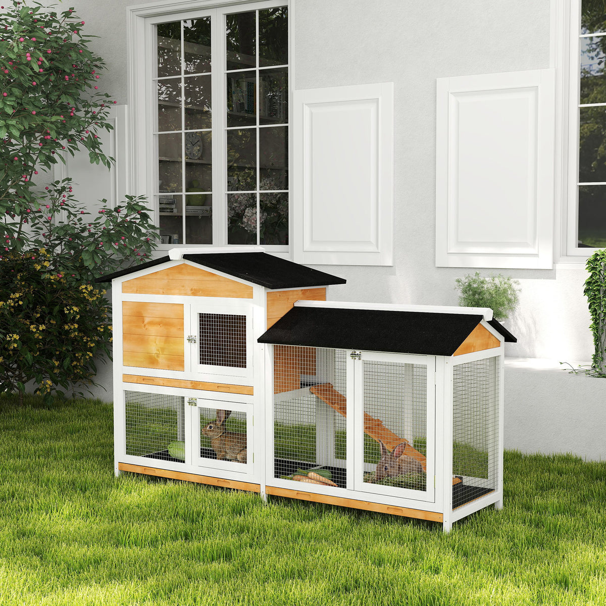 2-tier Wood Rabbit Hutch Backyard Bunny Cage Small Animal House w/ Ramp and Outdoor Run, Yellow – view 7