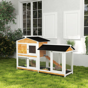 2-tier Wood Rabbit Hutch Backyard Bunny Cage Small Animal House w/ Ramp and Outdoor Run, Yellow – view 7