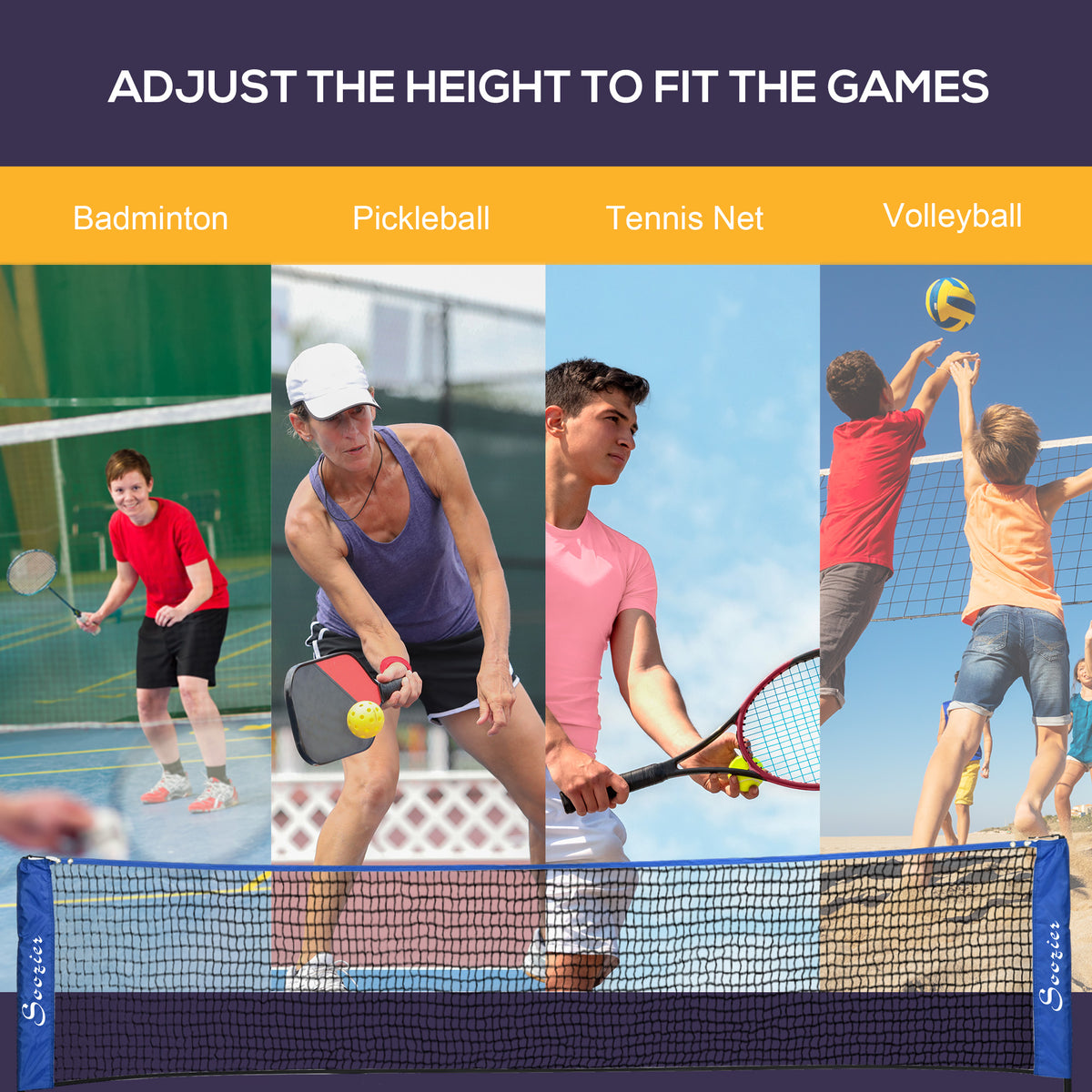 Soozier 10ft Badminton Net, Height Adjustable Outdoor Sports Net with Carry Bag, for Tennis, Pickleball and Volleyball