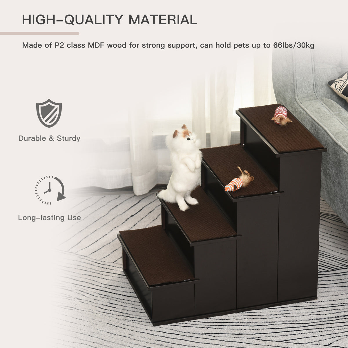 4 Levels Wooden Dog Steps Pet Stairs for High Bed, Cat Ladder for Bed Couch with Non-Slip Carpet – view 7