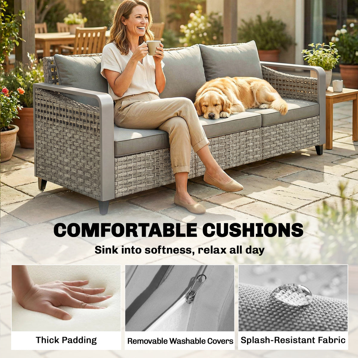 Rattan Wicker Sofa 3-Seater Outdoor Couch with Cushions for Patio Garden Grey