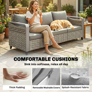 Rattan Wicker Sofa 3-Seater Outdoor Couch with Cushions for Patio Garden Grey