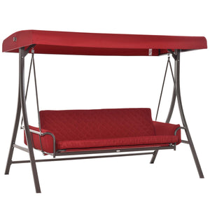 3 Person Porch Swing Bed, 2-in-1 Convertible Outdoor Patio Swing Chair Bench Hammock with Adjustable Canopy, Cushions, Pillows for Porch and Backyard, Red