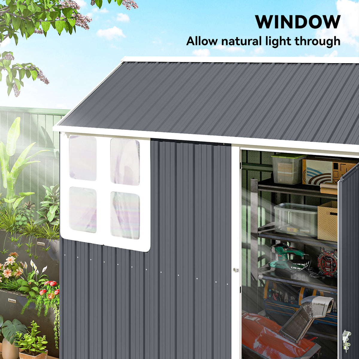 8.5' x 5.5' Metal Garden Storage Shed, Outdoor Tool Storage House with Lockable Door, Vents, Sloped Roof – view 12