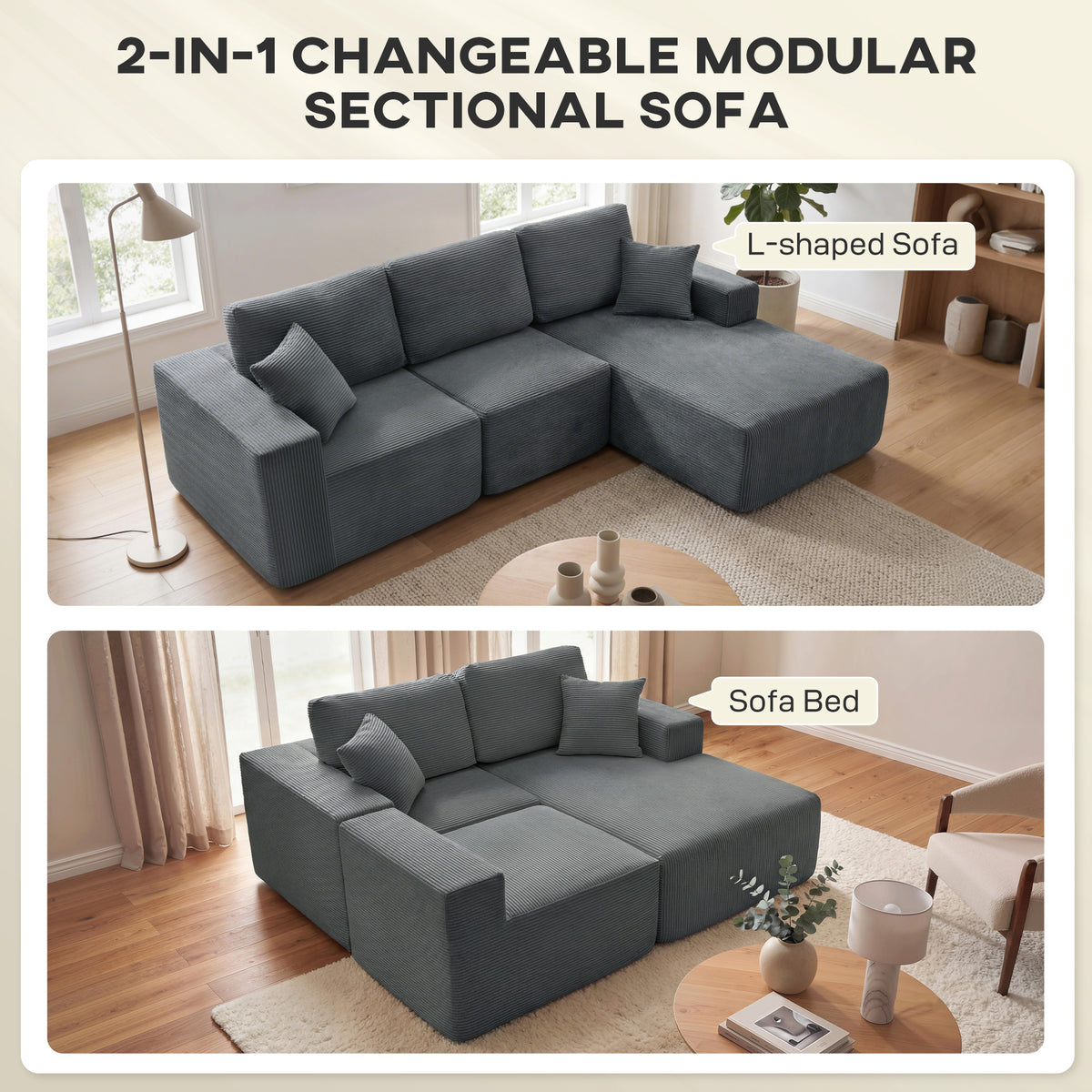 2-in-1 Modular Sectional Sofa, Boneless L Shaped Couch Sofa Bed, Dark Grey – view 3