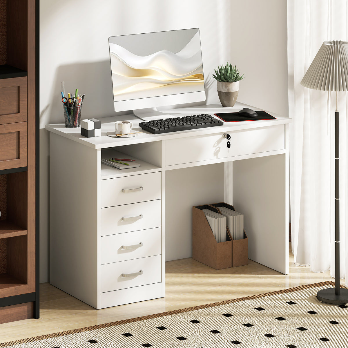 Home Office Desk with Storage, Computer Desk with Lockable Drawer and Open Compartment, White