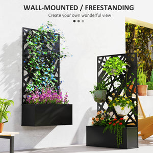 Raised Garden Bed with Trellis, Freestanding/Wall Mounted Metal Garden Box with Privacy Panel, Irregular Line Cut-Outs