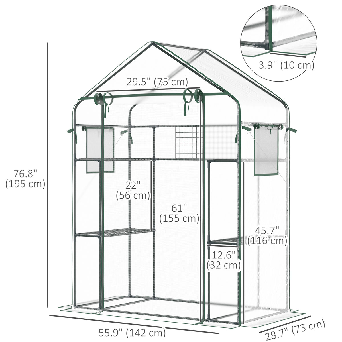 Walk-in Greenhouse with 4 Shelves, 56" x 29" x 77" Mini Greenhouse ,Roll-Up Door, Mesh Windows for Seedling, Flowers, Plant Growing, Clear