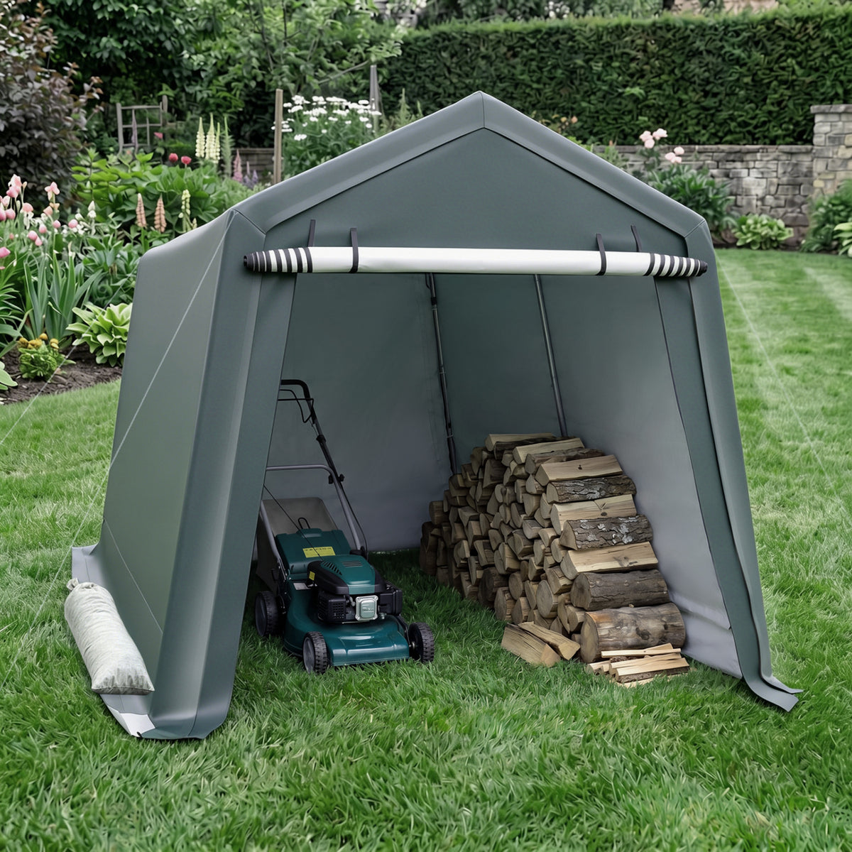 8.3 x 14 Feet Outdoor Storage Shed with Roll-Up Zipper Door-Green view 2