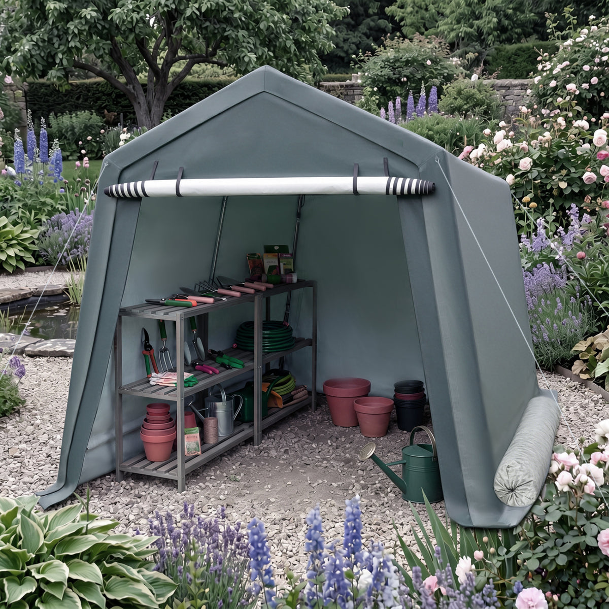 8.3 x 14 Feet Outdoor Storage Shed with Roll-Up Zipper Door-Green view 3
