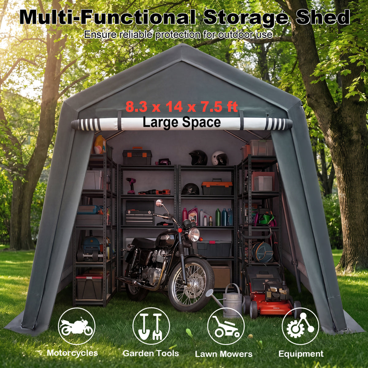 8.3 x 14 Feet Outdoor Storage Shed with Roll-Up Zipper Door-Green view 7