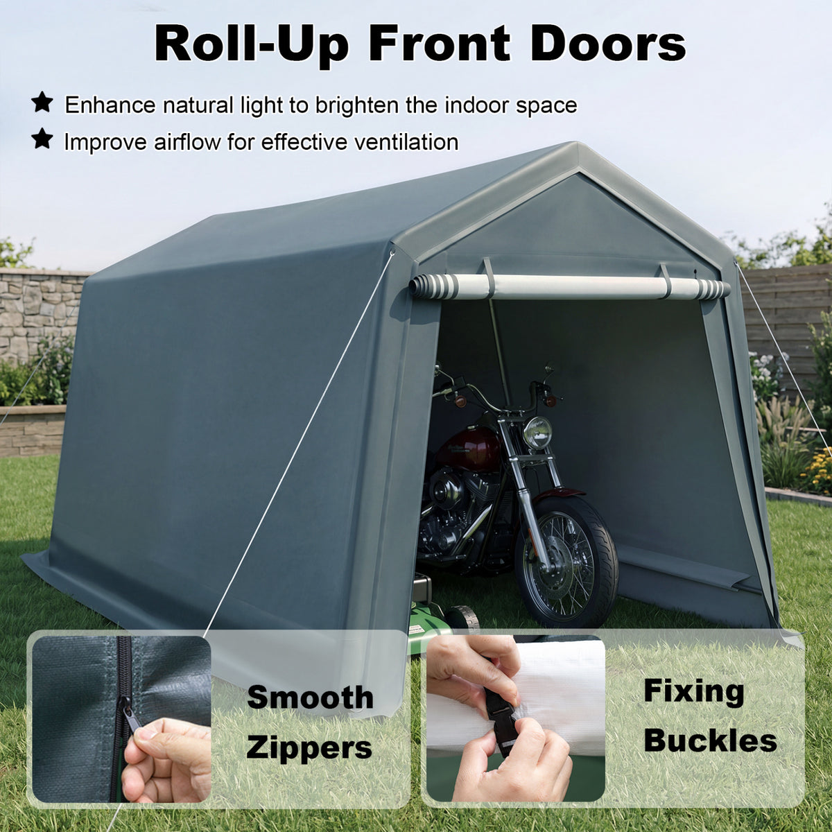 8.3 x 14 Feet Outdoor Storage Shed with Roll-Up Zipper Door-Green view 8