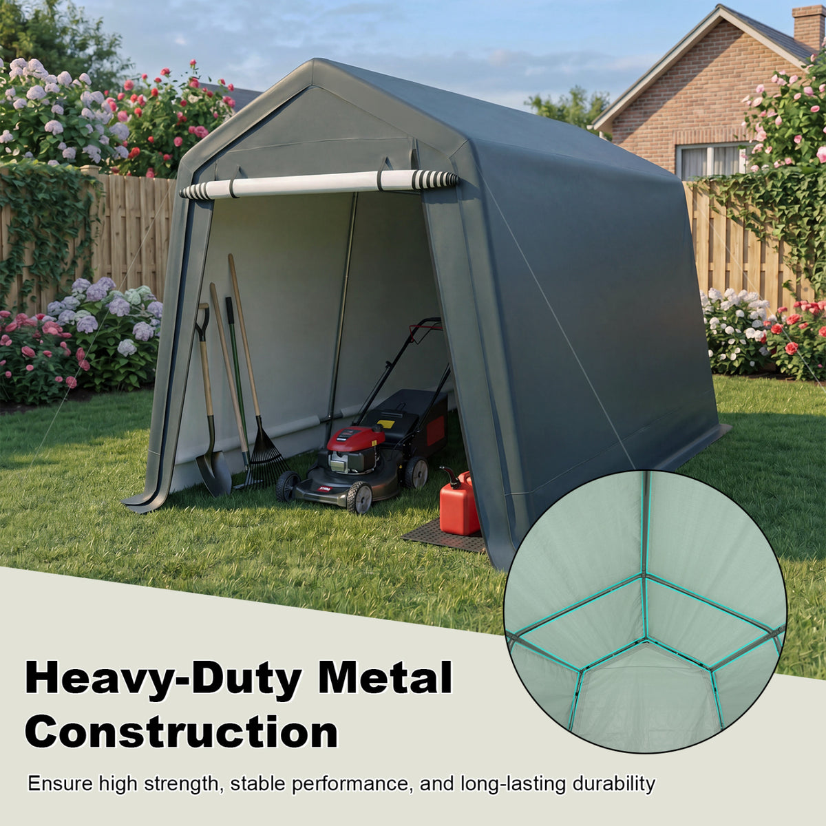 8.3 x 14 Feet Outdoor Storage Shed with Roll-Up Zipper Door-Green view 9