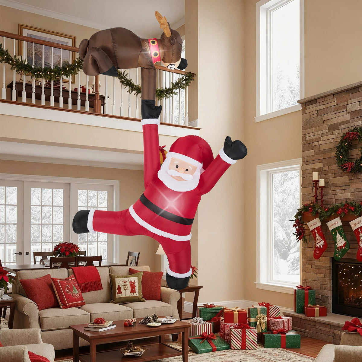 8.5 Feet Christmas Inflatable Reindeer and Climbing Santa Claus with Built-in LED Lights view 6