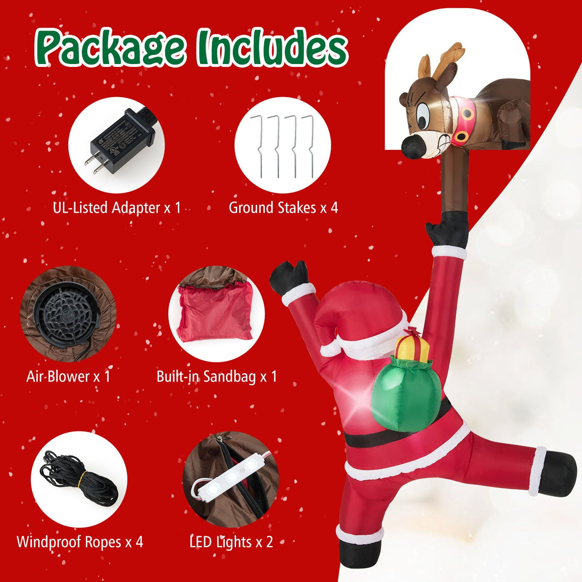 8.5 Feet Christmas Inflatable Reindeer and Climbing Santa Claus with Built-in LED Lights view 7