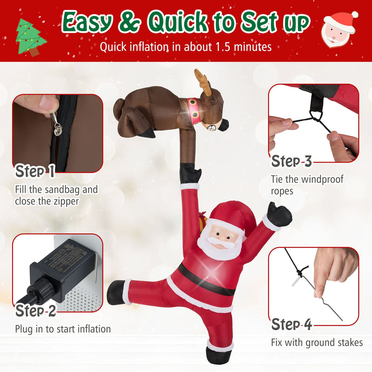 8.5 Feet Christmas Inflatable Reindeer and Climbing Santa Claus with Built-in LED Lights view 8
