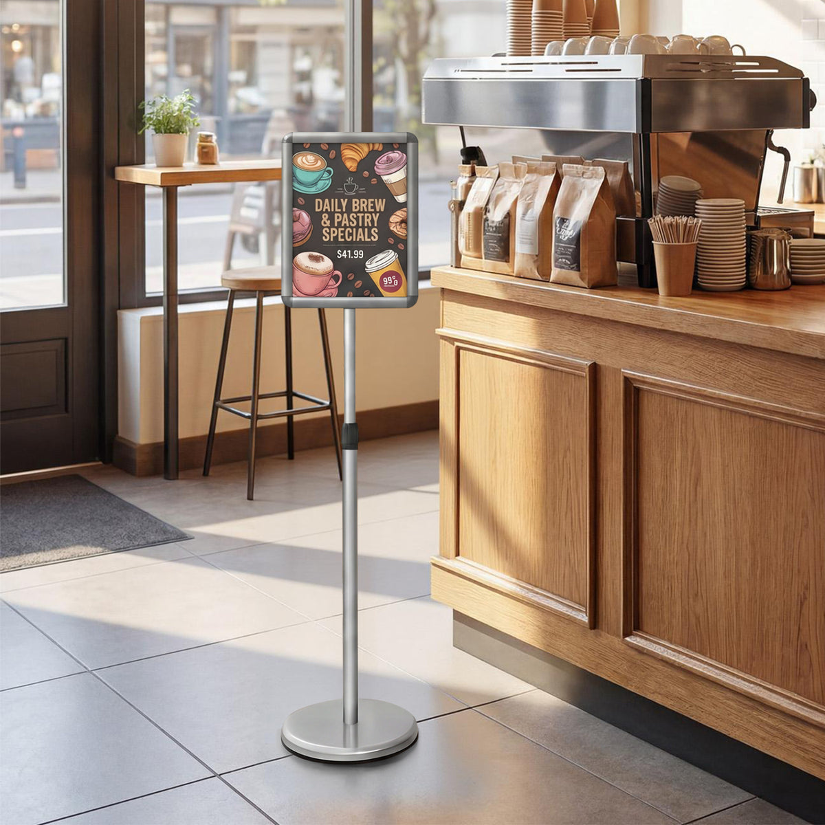 8.5 x 11Inch Sign Holder Stand with Snap-Open Frame and 360° Rotation-Silver view 2
