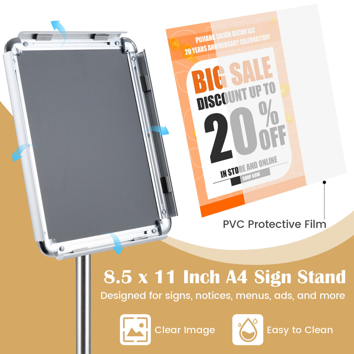 8.5 x 11Inch Sign Holder Stand with Snap-Open Frame and 360° Rotation-Silver view 8