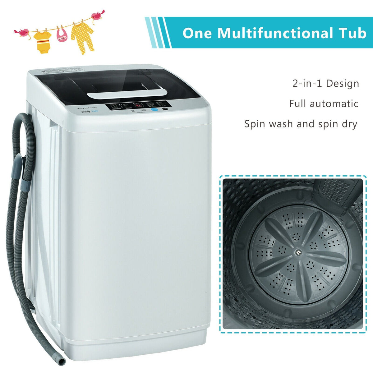 8.8 lbs Portable Full-Automatic Laundry Washing Machine with Drain Pump view 7