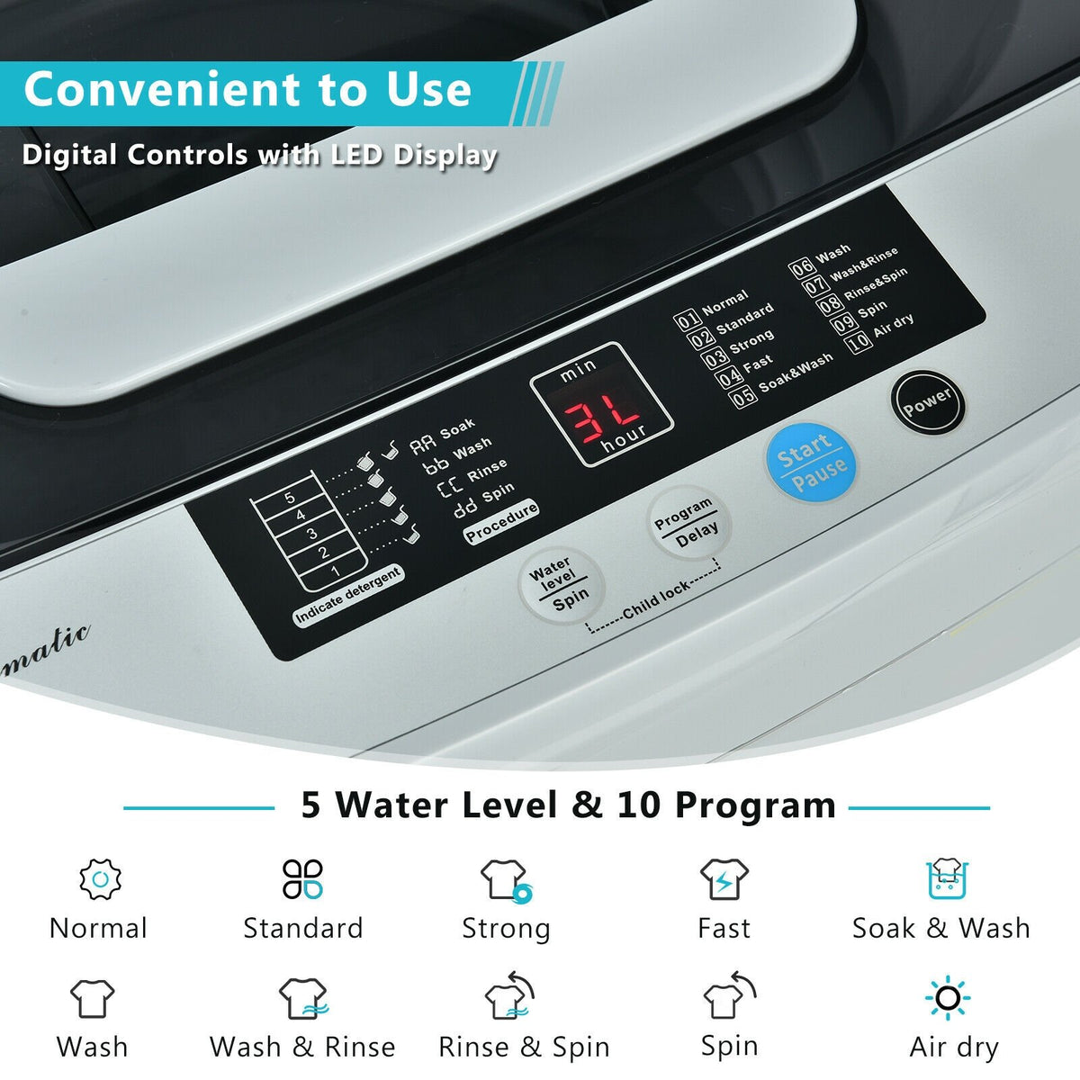 8.8 lbs Portable Full-Automatic Laundry Washing Machine with Drain Pump view 8