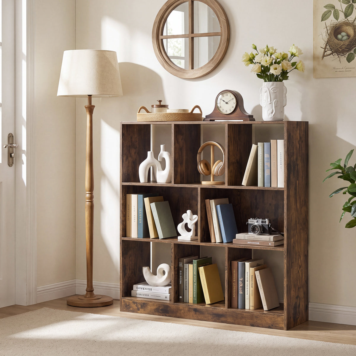 8-Cube Bookcase 3-Tier with 2-Sized Compartments and Anti-Tip Kits for Living Room-Rustic Brown view 2