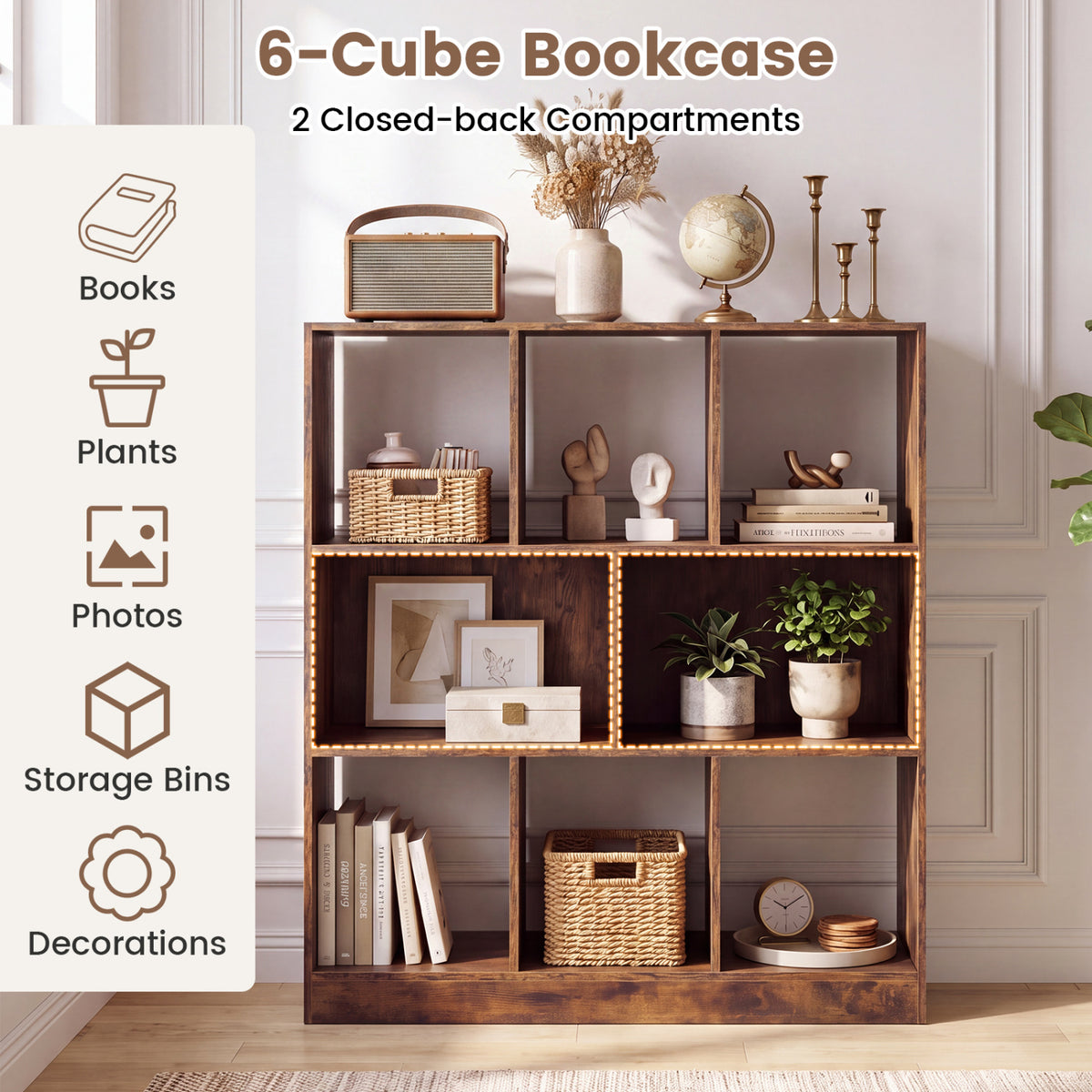 8-Cube Bookcase 3-Tier with 2-Sized Compartments and Anti-Tip Kits for Living Room-Rustic Brown view 6