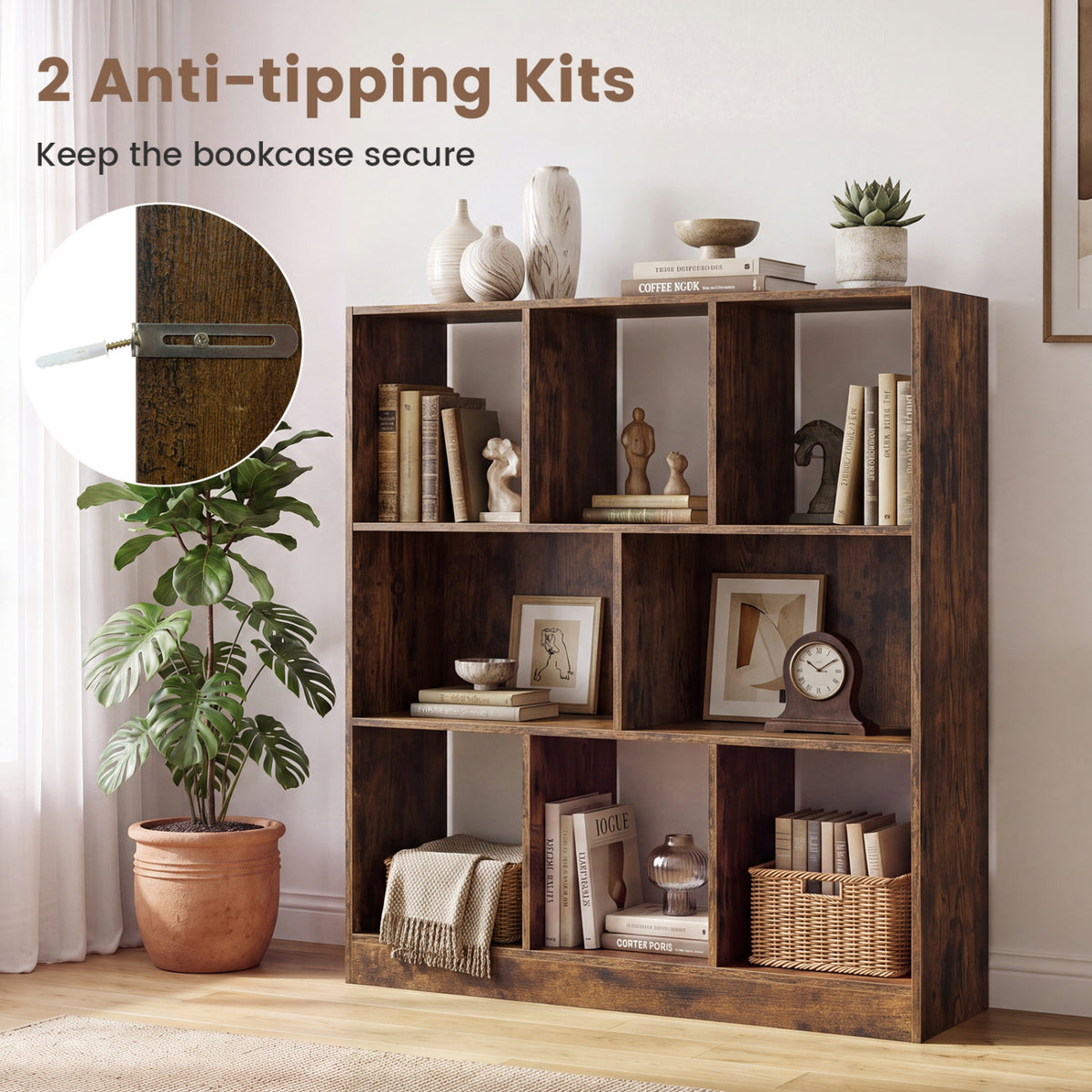 8-Cube Bookcase 3-Tier with 2-Sized Compartments and Anti-Tip Kits for Living Room-Rustic Brown view 8