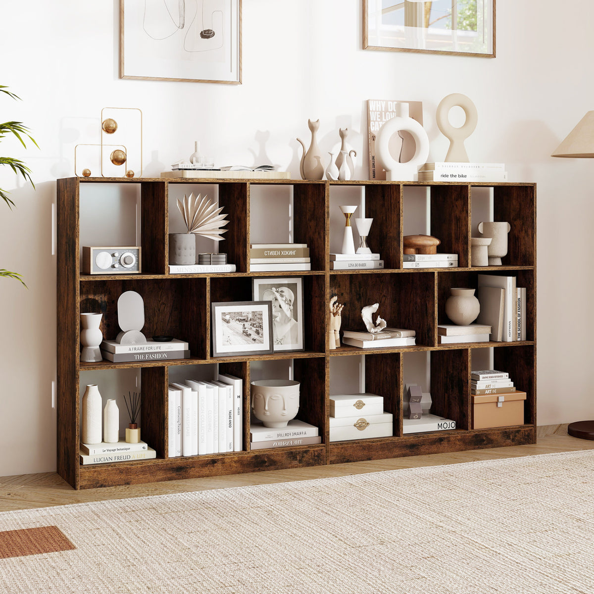 8-Cube Bookcase 3-Tier with 2-Sized Compartments and Anti-Tip Kits for Living Room-Rustic Brown view 9