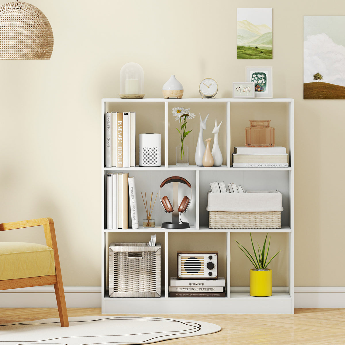 8-Cube Bookcase 3-Tier with 2-Sized Compartments and Anti-Tip Kits for Living Room-White view 2