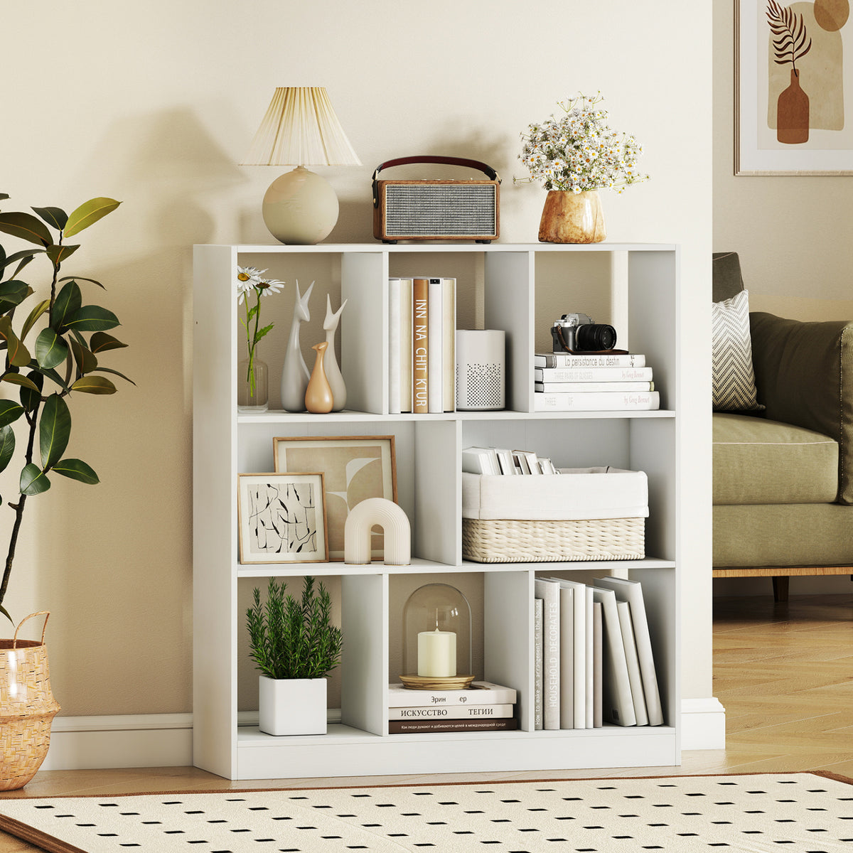 8-Cube Bookcase 3-Tier with 2-Sized Compartments and Anti-Tip Kits for Living Room-White view 3