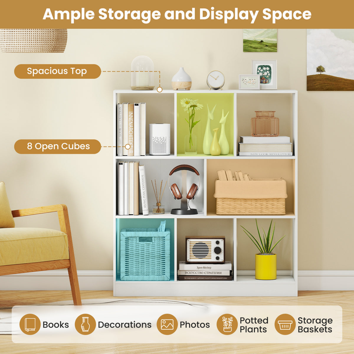 8-Cube Bookcase 3-Tier with 2-Sized Compartments and Anti-Tip Kits for Living Room-White view 7