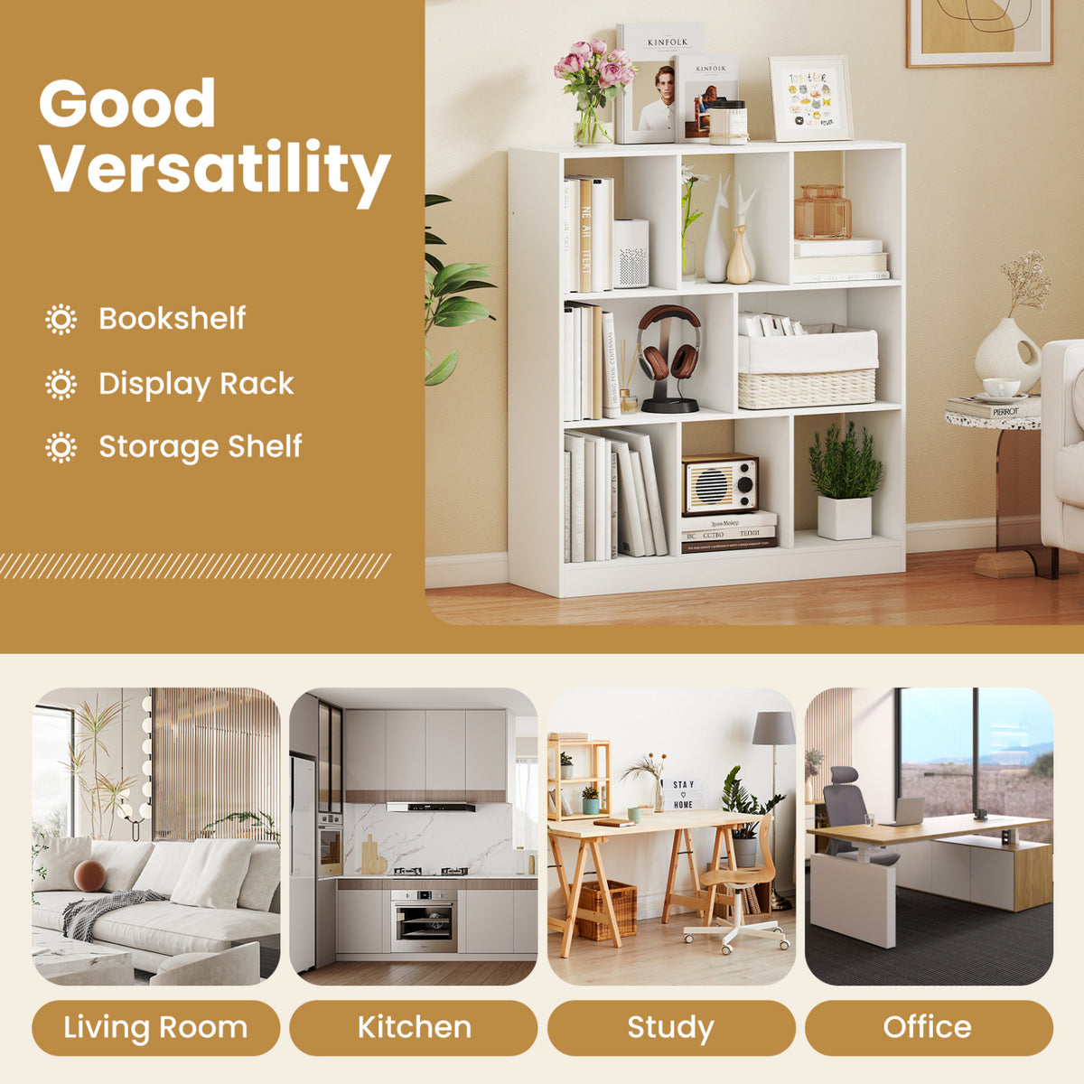 8-Cube Bookcase 3-Tier with 2-Sized Compartments and Anti-Tip Kits for Living Room-White view 9
