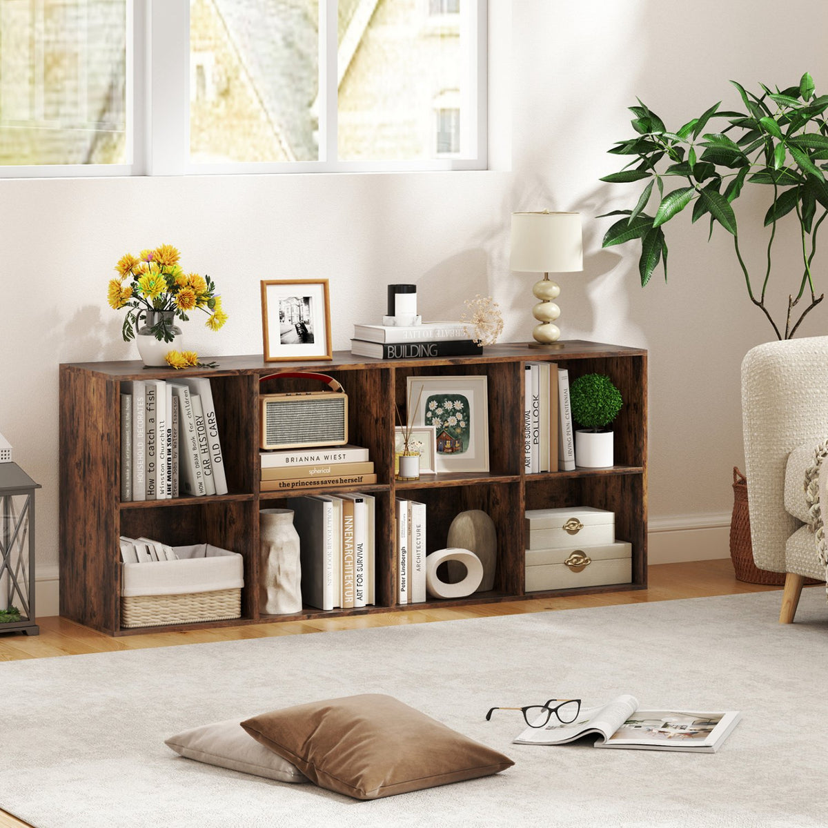 8-Cube Bookcase Bookshelf with 2 Anti-Tipping Kits Storage Organizer-Rustic Brown view 2