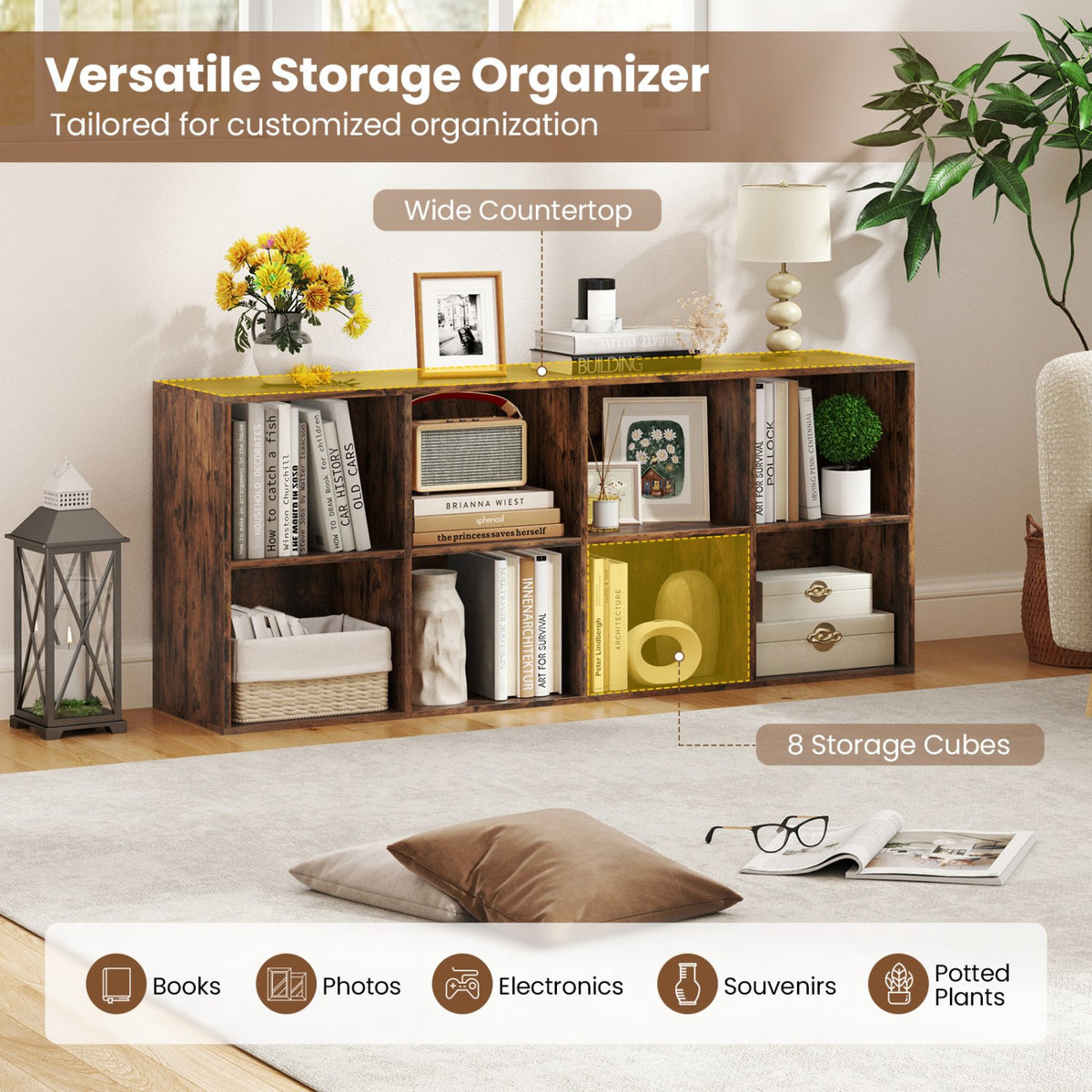 8-Cube Bookcase Bookshelf with 2 Anti-Tipping Kits Storage Organizer-Rustic Brown view 9