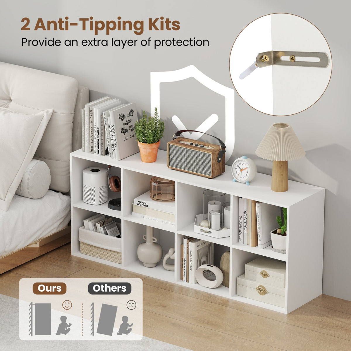 8-Cube Bookcase Bookshelf with 2 Anti-Tipping Kits Storage Organizer-White view 9