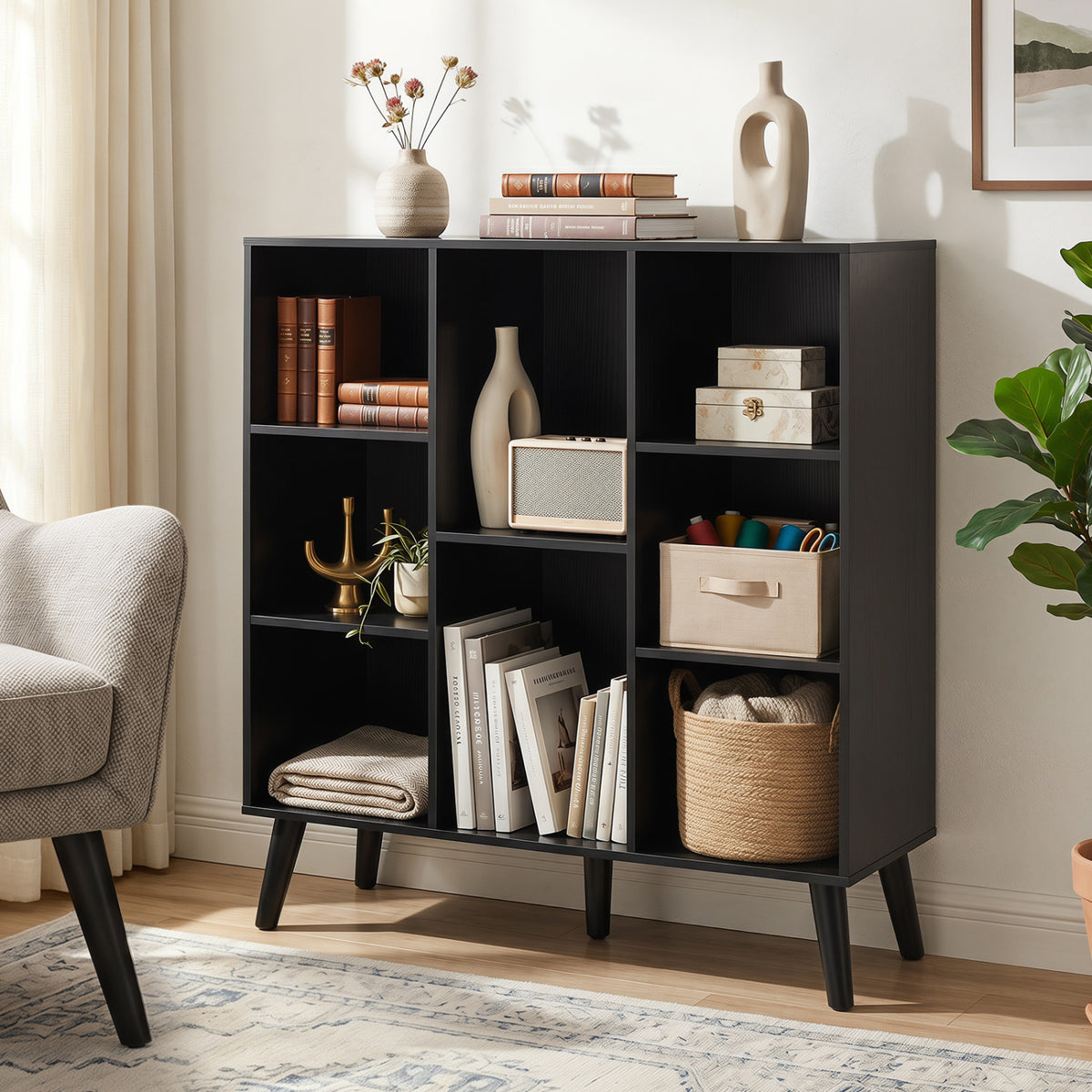 8-Cube Bookcase with Raised Support Legs for Living Room-Black view 2