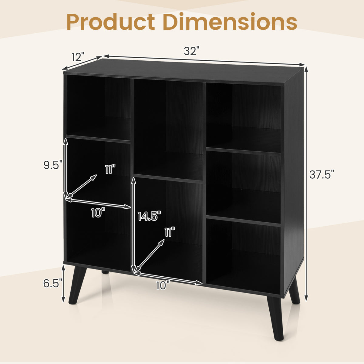 8-Cube Bookcase with Raised Support Legs for Living Room-Black view 5