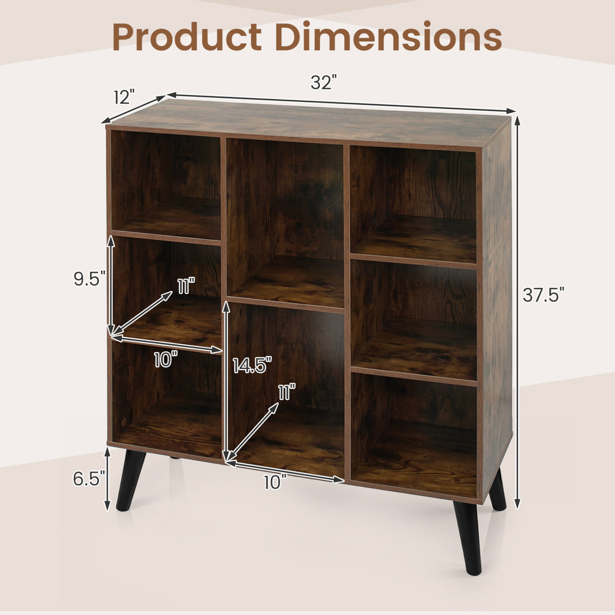 8-Cube Bookcase with Raised Support Legs for Living Room-Rustic Brown view 5