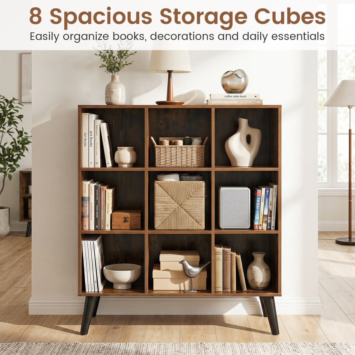 8-Cube Bookcase with Raised Support Legs for Living Room-Rustic Brown view 7